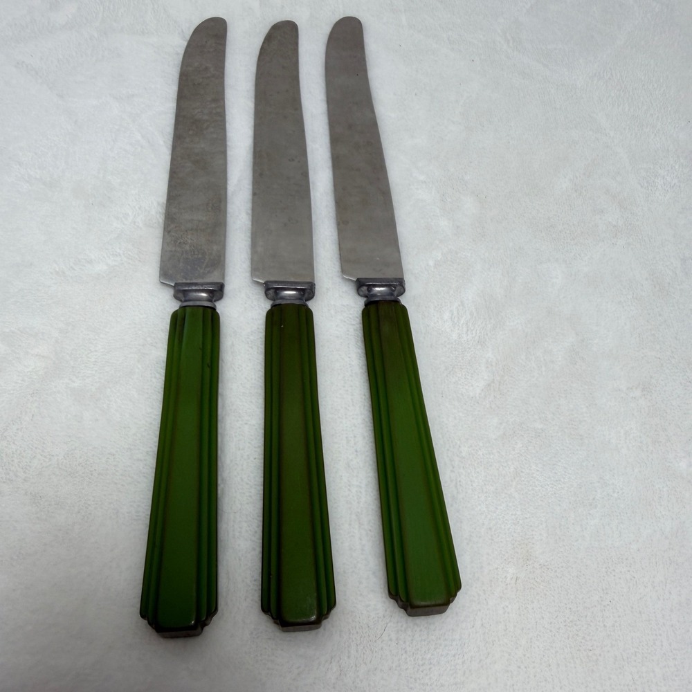 VTG Art‎ Deco Dinner Knives Set of 3 Olive Green Bakelite Faceted Handles MCM